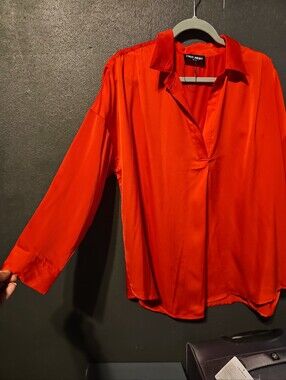 The Refinery Bright Red Satin V-Neck Blouse